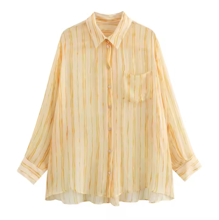 قميص أصفر مخطط أبيض شيفون خفيف بارد