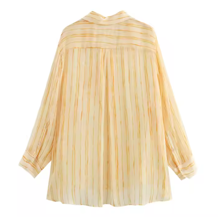 قميص أصفر مخطط أبيض شيفون خفيف بارد