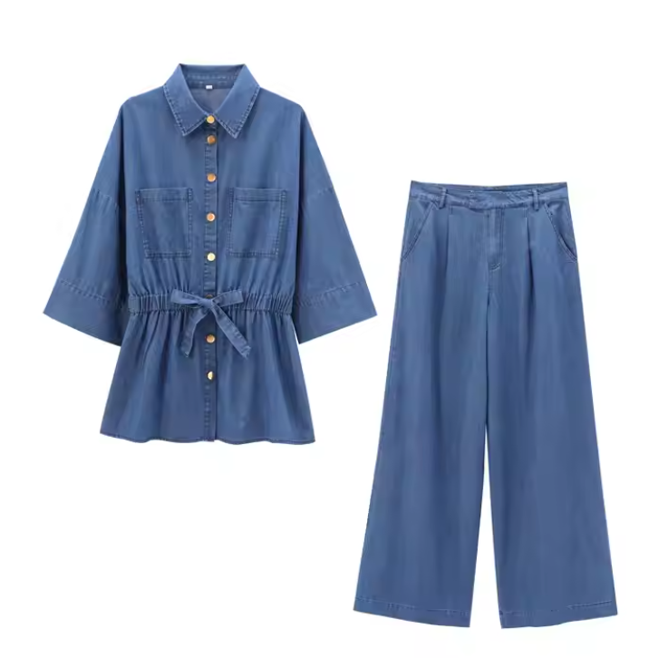 طقم جينز قطعتين صيفي خفيف بارد بنطلون وقميص