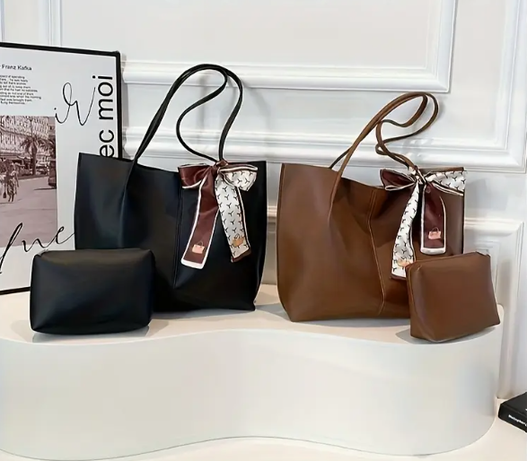 (حقيبة كبيرة + حقيبة داخلية للميك اب (بني ,أسود