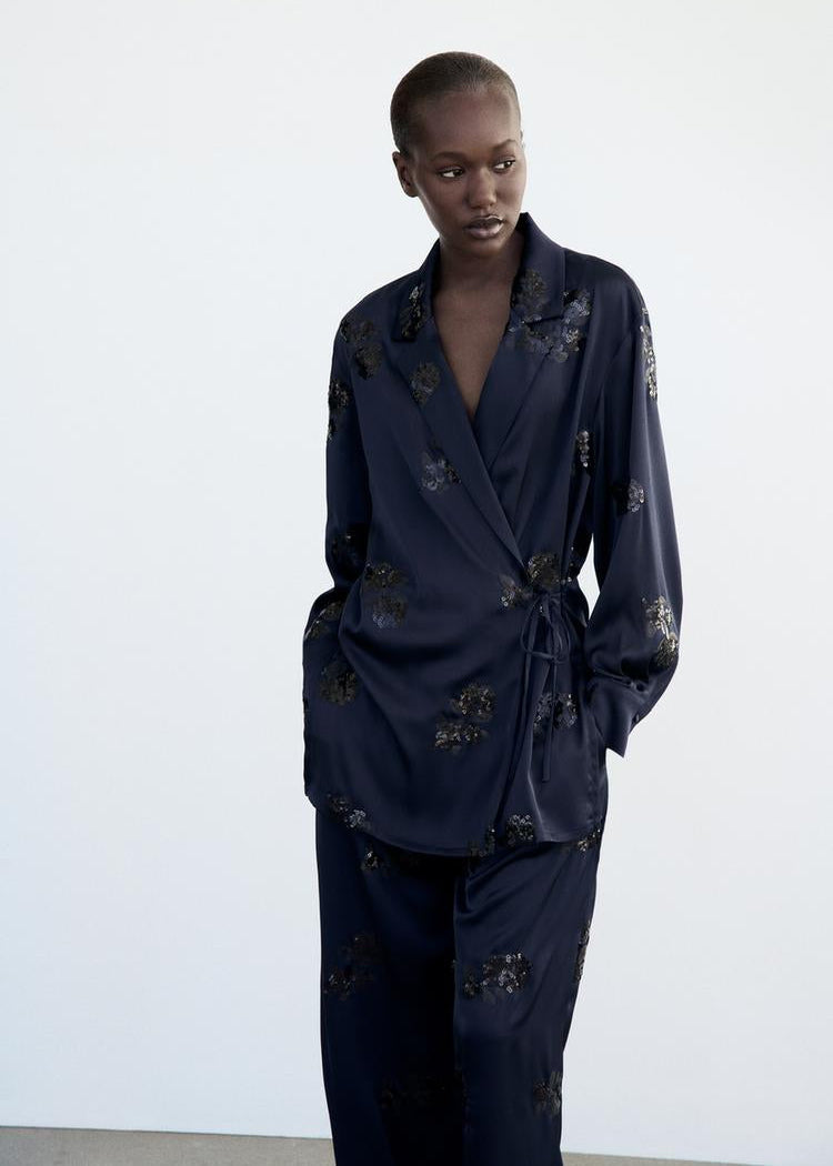 (VIP) Set ساتان قطعتين باللون الكحلي